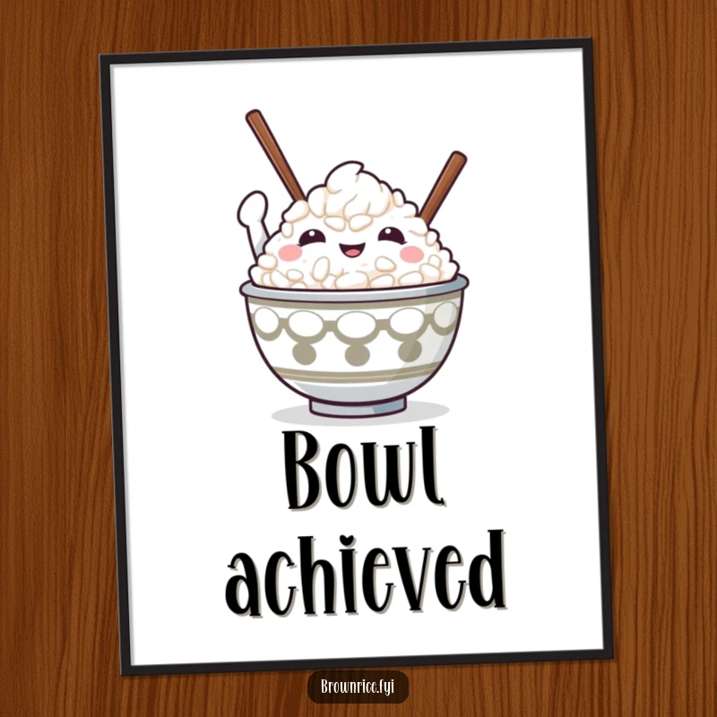 Cute and funny rice bowl character holding chopsticks high in victory, ideal for downloadable humorous art.