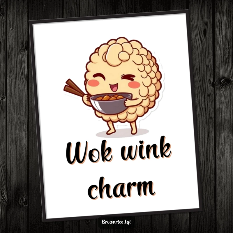 Funny digital art print of a brown rice grain character winking playfully while holding a mini wok, perfect for humorous decor.