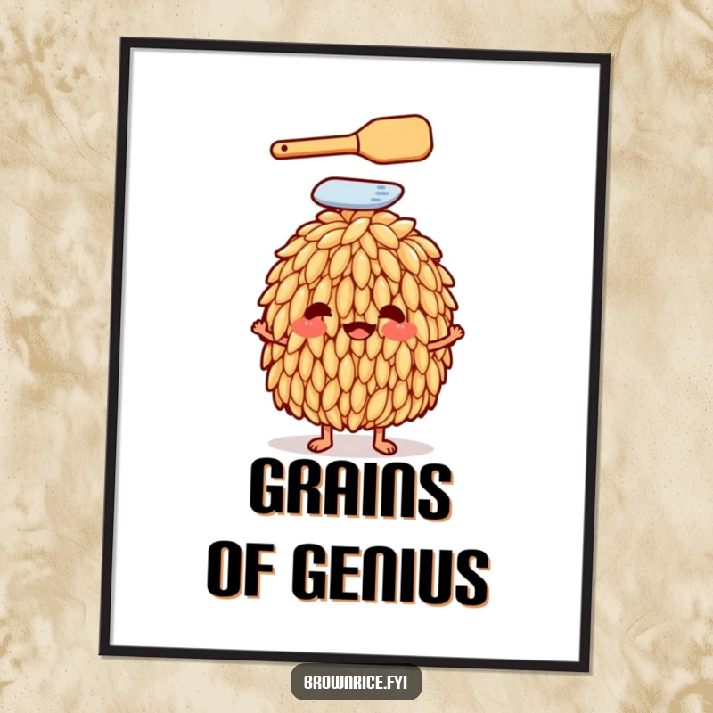 Funny anthropomorphic brown rice grain with a spatula on its head on a digital art print, depicting culinary humor, ideal for wall decor.