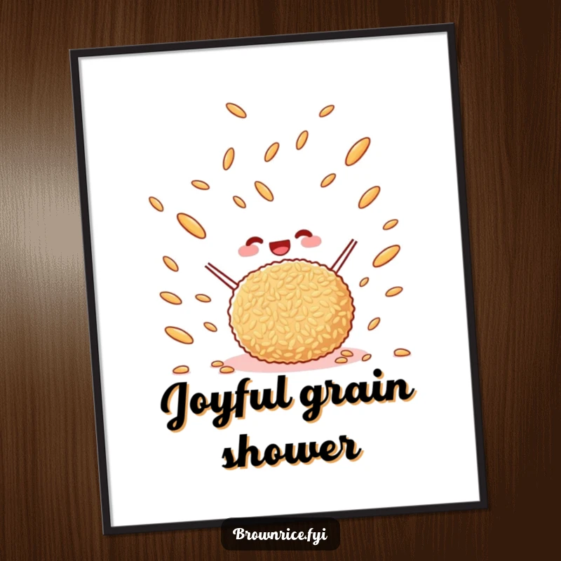 Funny happy brown rice ball actively tossing brown rice grains in the air, a high-resolution digital art print with a cute cartoon.