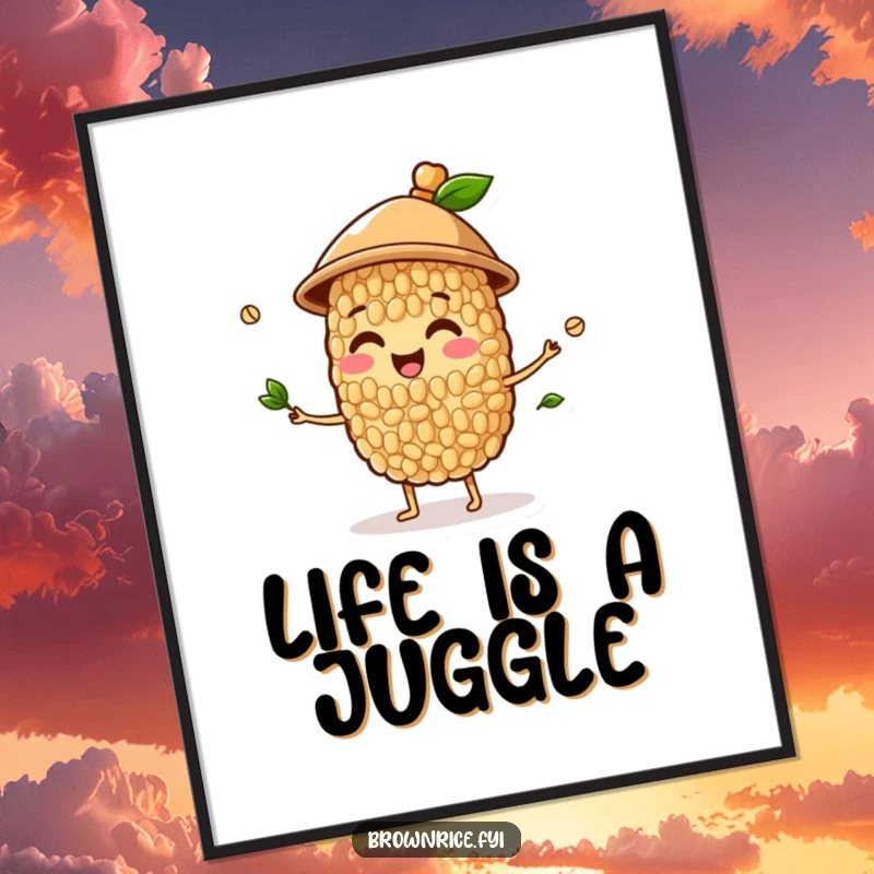 Funny digital art print of a happy brown rice grain character wearing a hat and juggling sprouts, ready to be printed for whimsical decor.
