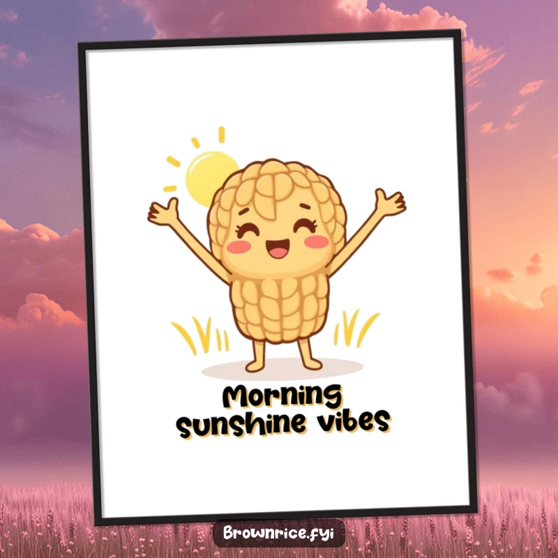 Funny digital art print of a happy brown rice grain character stretching joyfully towards the sun, ready to be printed and framed.