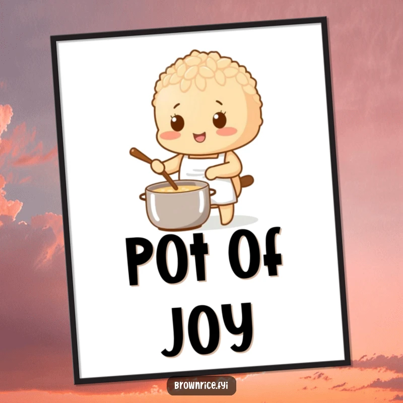 Brown rice character wearing a tiny apron, stirring a pot, available as a downloadable digital art print.