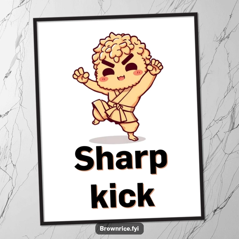 Funny digital art print of a brown rice character performing a martial arts kick, full of energy and humor.