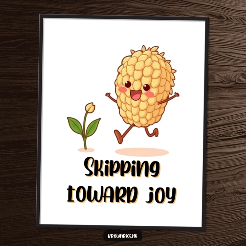 Funny digital art print of a brown rice grain character joyfully skipping with a sprout, radiating positivity and humor.