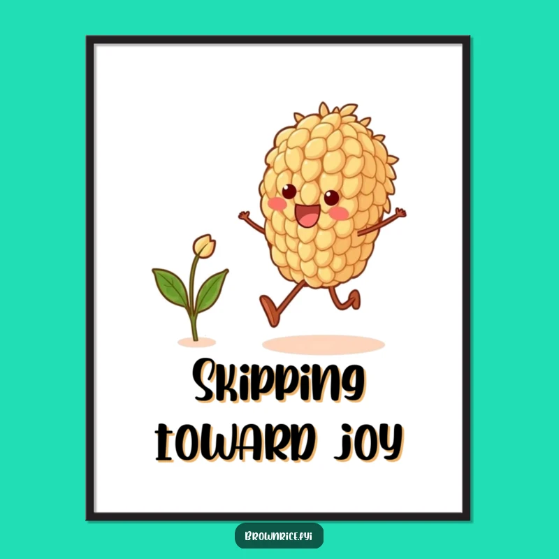 Funny Brown Rice Grain Skipping Digital Art: Joyful Character Decor, Perfect Funny Gift