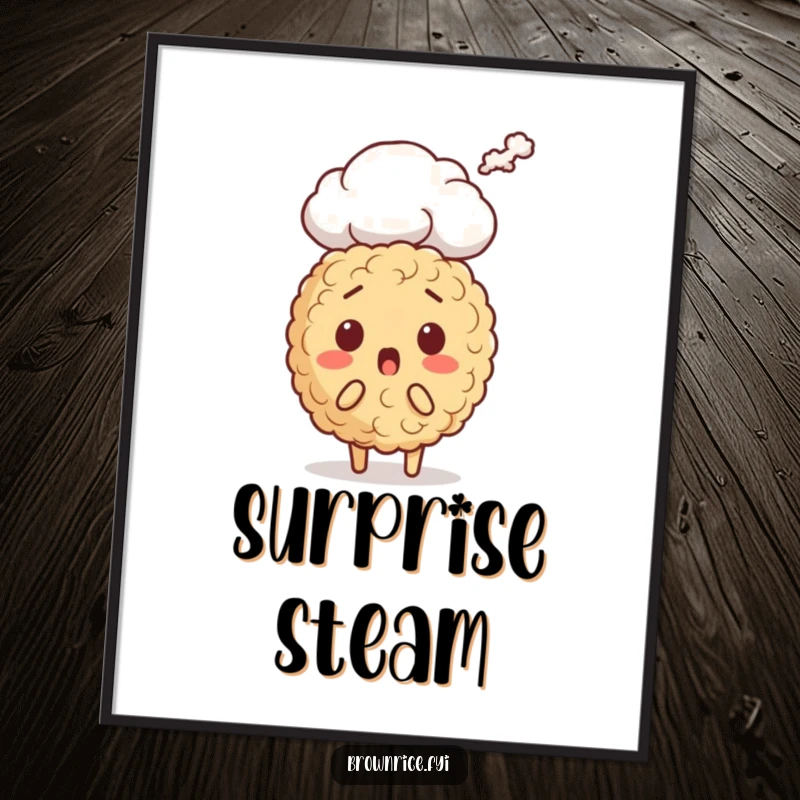 Funny brown rice character digital art print, wide-eyed in surprise with a steam cloud rising, perfect for humorous digital or physical display.