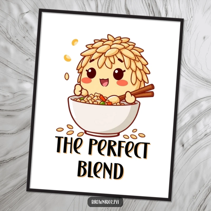 Funny digital art print of a brown rice grain character happily mixing ingredients in a bowl, perfect for kitchen or dining room decor.