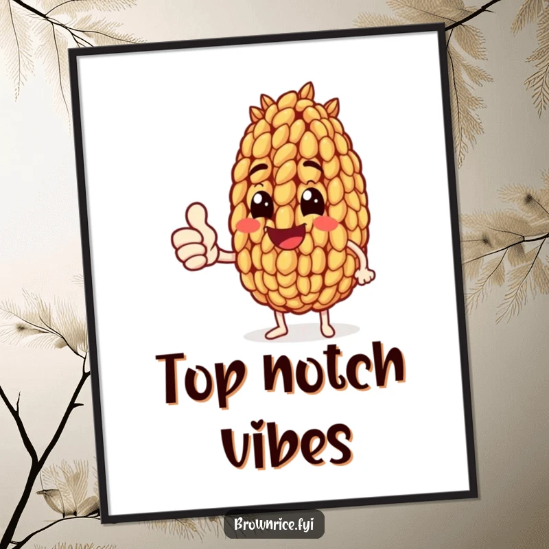 Funny digital art print of a brown rice grain character giving an enthusiastic thumbs up, perfect for spreading cheer.