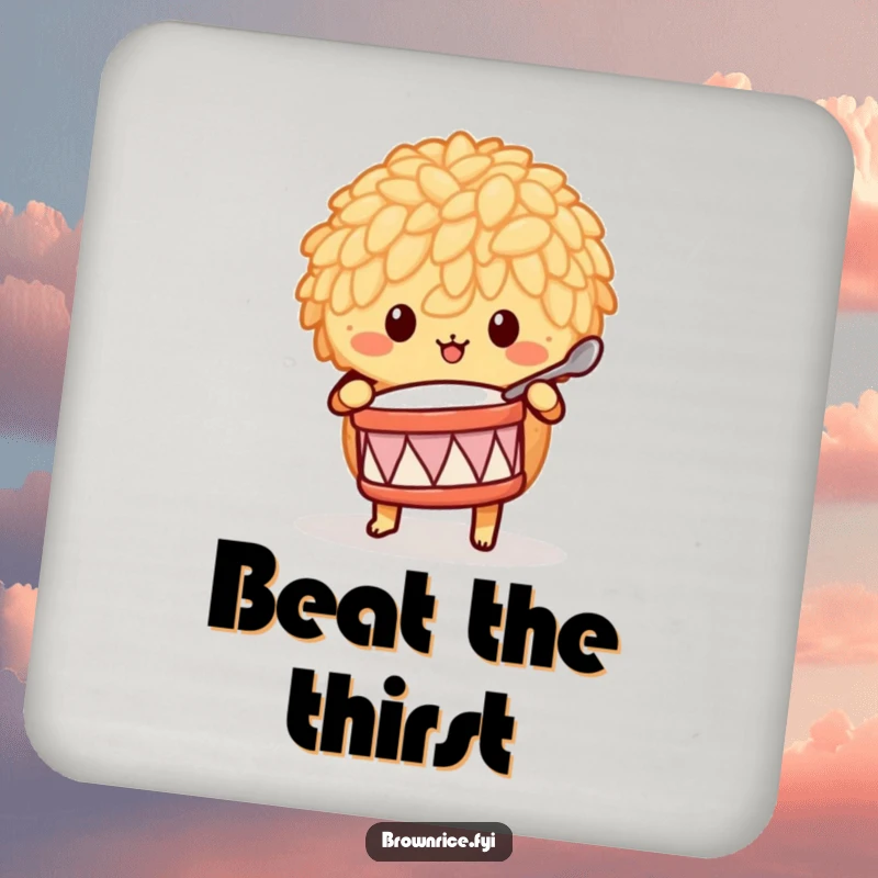 Funny brown rice character playing a tiny drum with a spoon, showcased on humorous drink coasters.