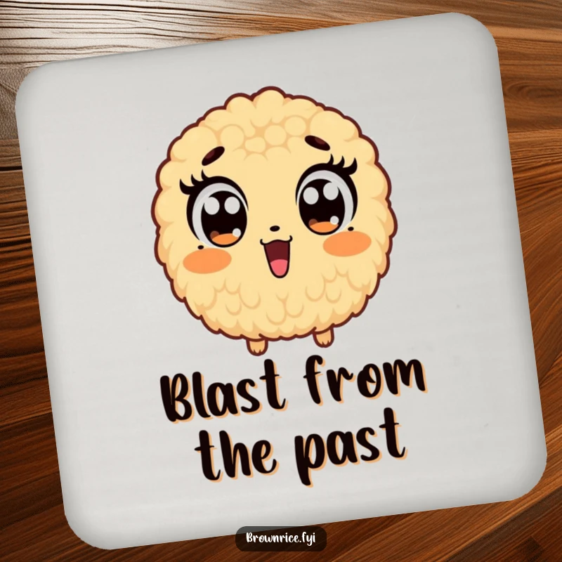 Funny drink coaster featuring a brown rice grain character with comically wide eyes, expressing humorous surprise.