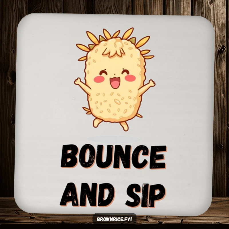 Funny coasters with a happy brown rice character bouncing, protecting surfaces with playful energy.