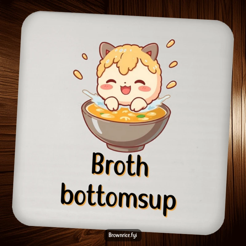 Funny brown rice character splashing playfully in a bowl of broth, showcased on humorous drink coasters.