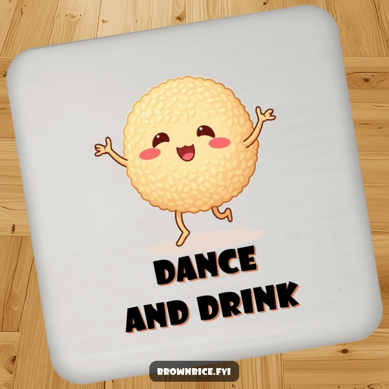 Funny brown rice ball doing a silly dance with wobbly legs, a protective drink coaster with a cute and humorous cartoon design.