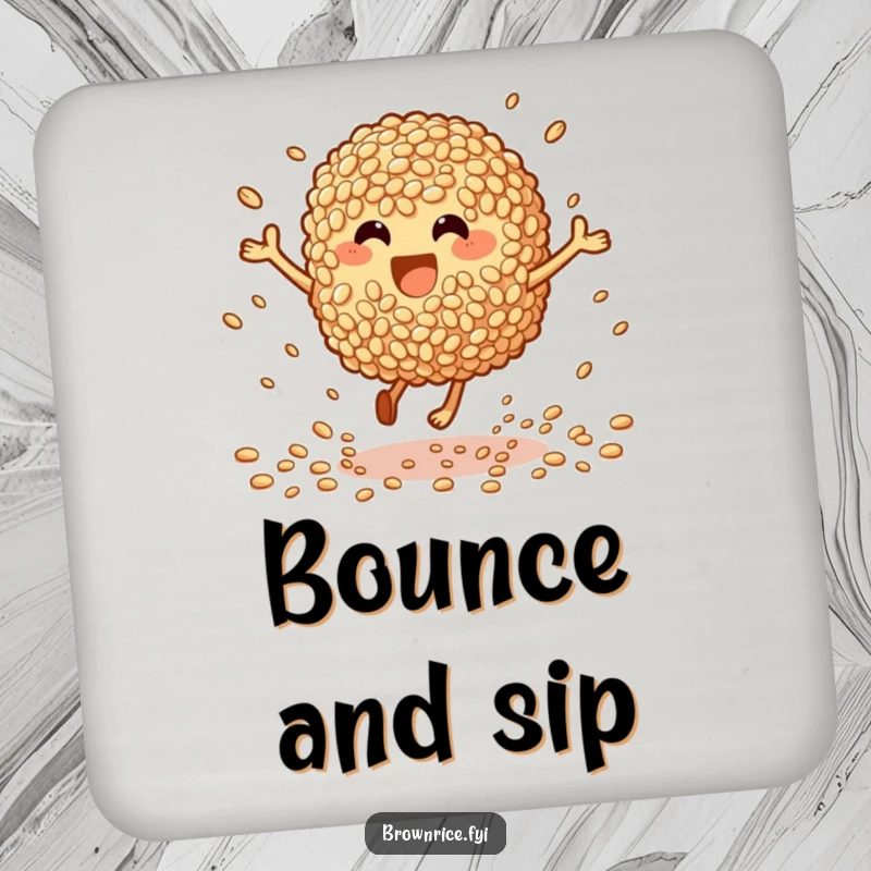 Funny Drink Coaster: A brown rice character bouncing enthusiastically, grains scattering, adding fun to any surface.