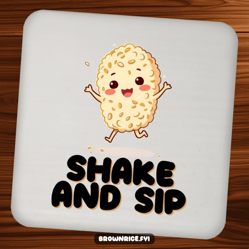 Funny drink coaster featuring a brown rice grain character doing a happy, bouncy jig with a sprinkle of sesame, for amused hosts.