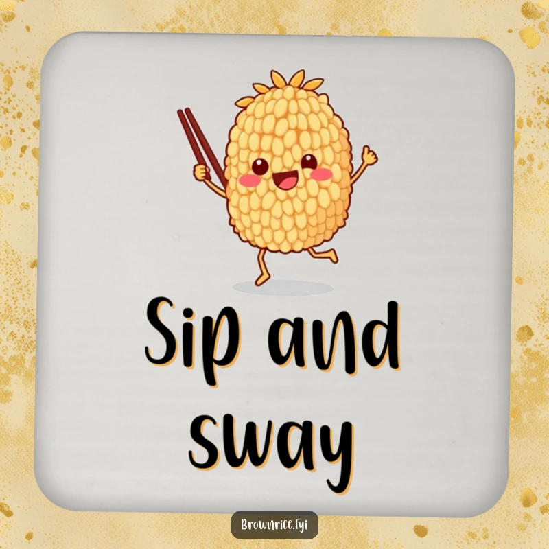 Funny drink coaster featuring a brown rice grain character joyfully dancing with chopsticks, safeguarding surfaces with humor.