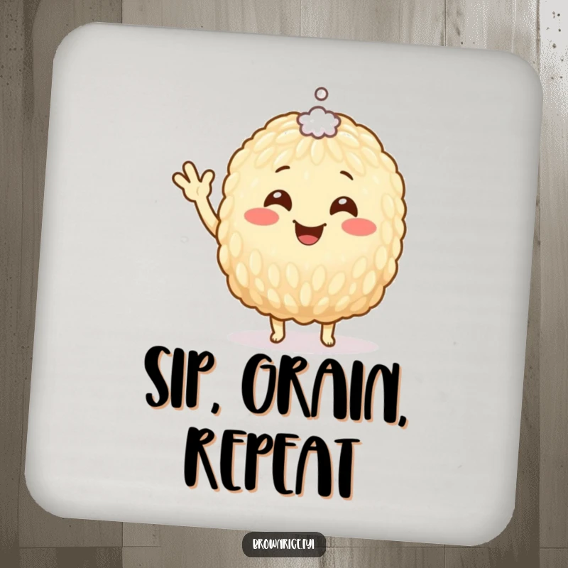 Funny Drink Coaster featuring a happy brown rice grain character waving, a tiny salt speck on its head, adding humor.