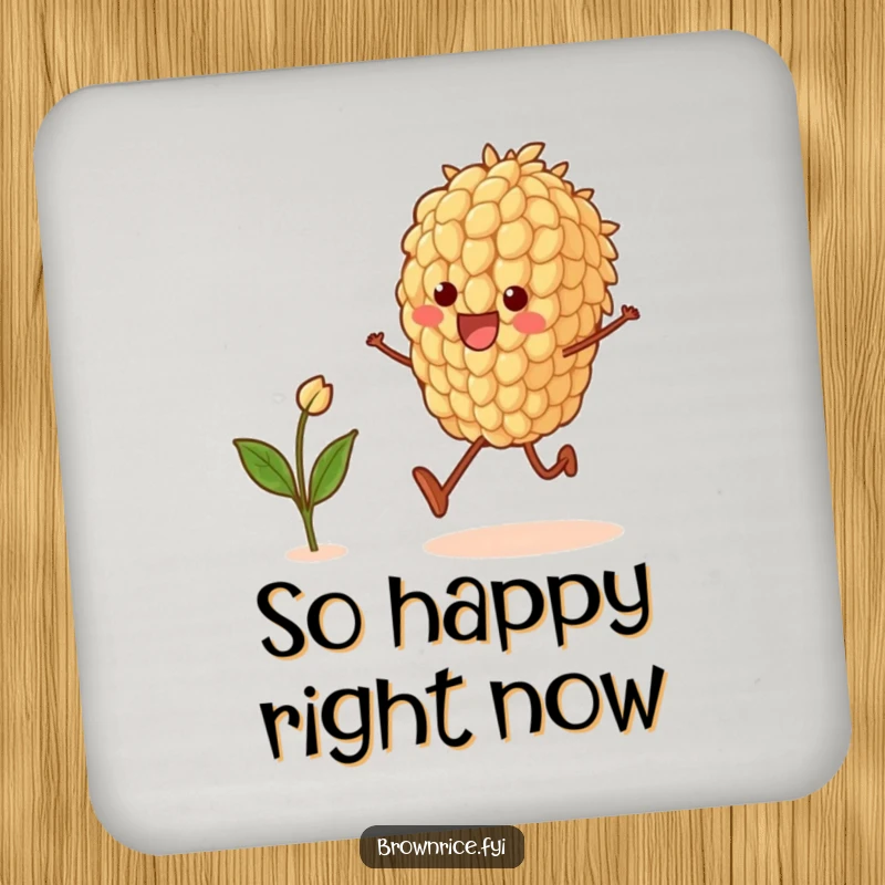 Funny drink coaster featuring a brown rice grain character joyfully skipping, protecting surfaces with a dose of lighthearted fun.