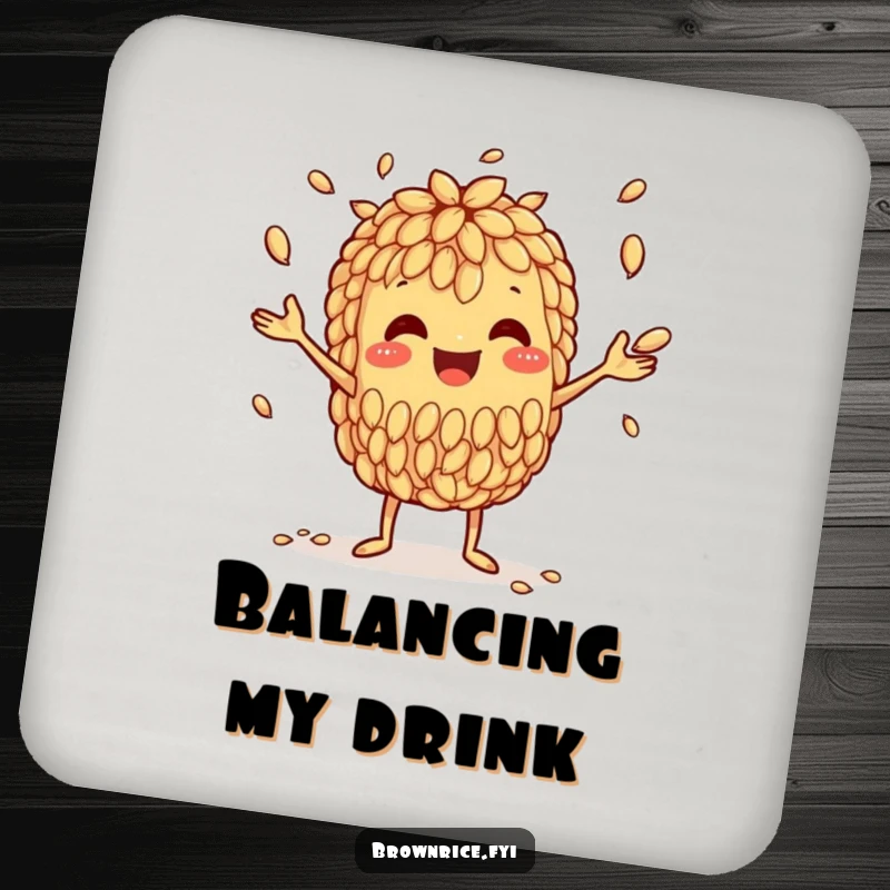 Funny drink coaster featuring a happy brown rice grain character skillfully juggling smaller grains, protecting surfaces with style.