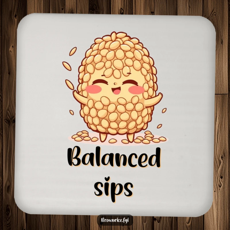 Funny brown rice character drink coaster, winking slyly while juggling miniature rice grains, offering playful protection for surfaces.