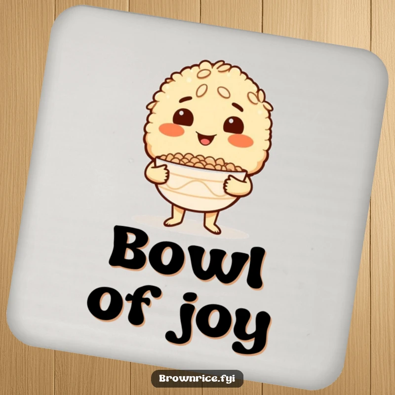Funny Brown Rice Coaster set with a proud brown rice character holding an empty bowl, perfect for protecting tables with style.