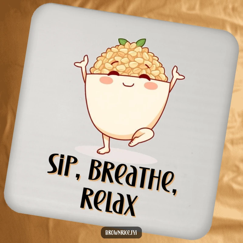 Funny drink coaster with a smiling brown rice bowl character in a yoga pose, a humorous and peaceful addition to any table.