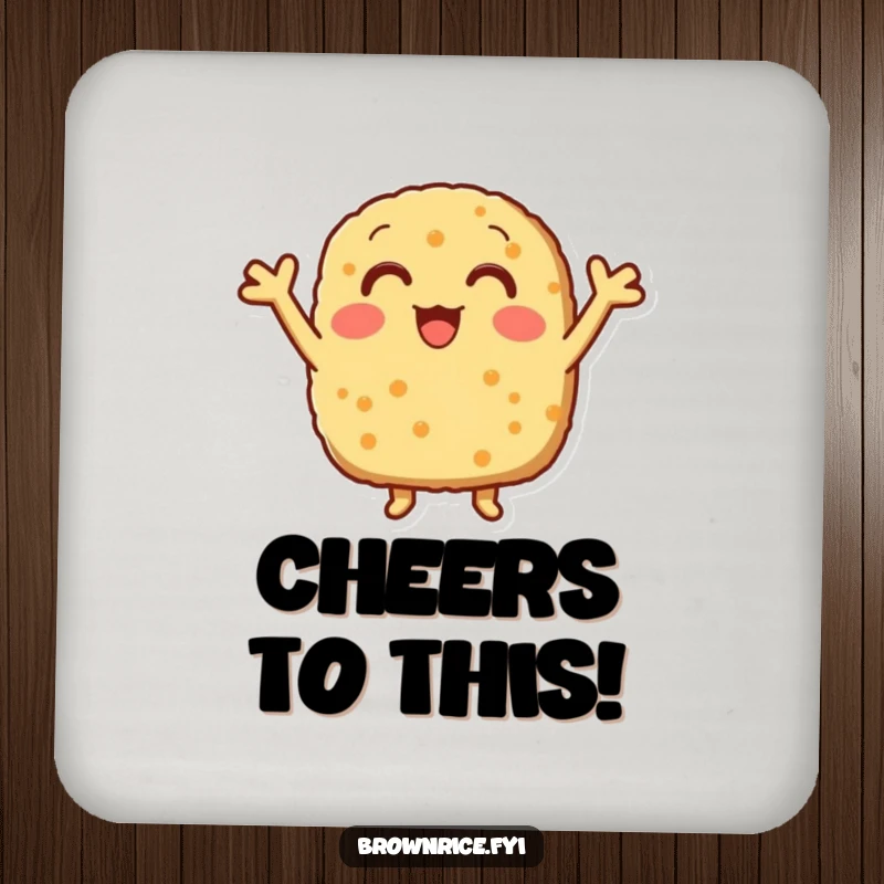 Funny brown rice patty with little arms cheering, printed on a protective drink coaster.