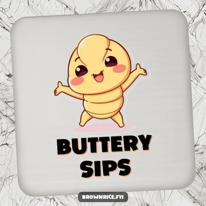 Funny Croissant Coasters featuring smiling croissant characters playfully stretching, protecting surfaces with charm. A delightful funny gift set.