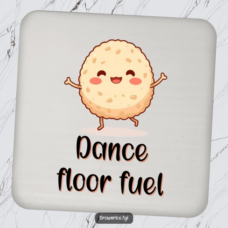 Funny kawaii brown rice ball with tiny legs mid-dance, printed on a protective coaster for drinks.