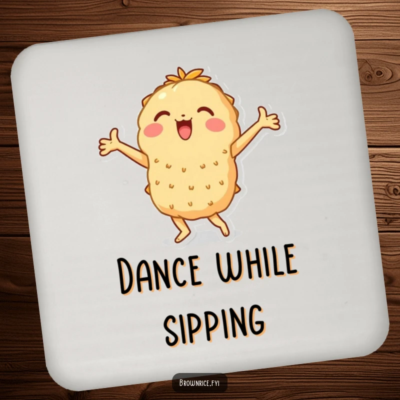 Funny drink coaster illustrating a brown rice character in a joyful dance with arms flaring, a perfect funny gift.