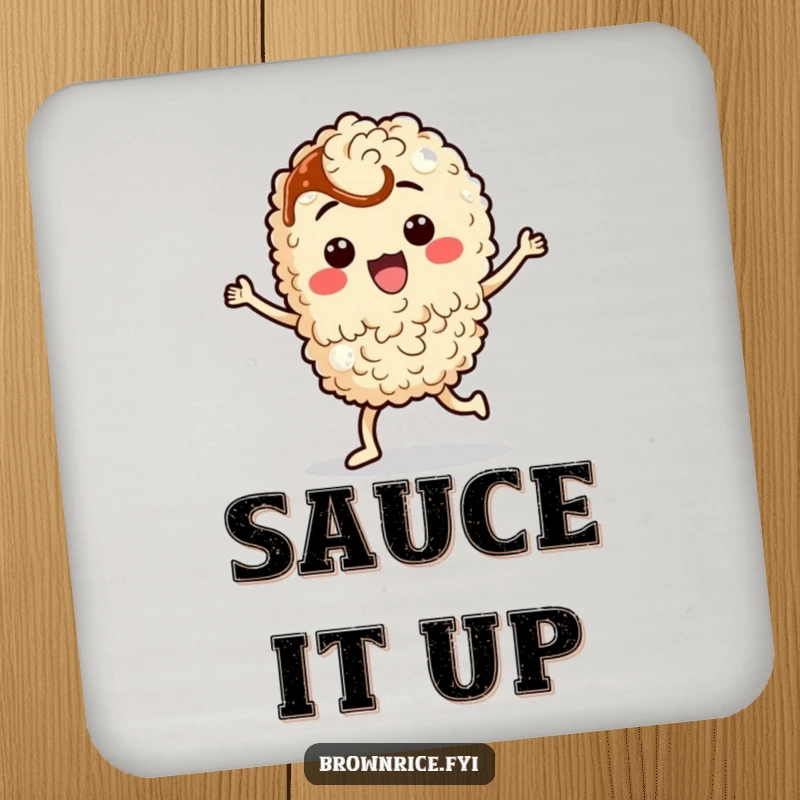 Funny brown rice character doing a silly dance with a dash of soy sauce, showcased on humorous drink coasters.