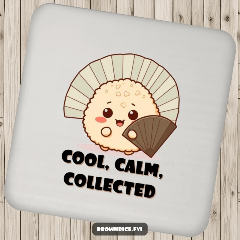 Funny mischievous brown rice ball peeking out from behind a fan, a protective drink coaster with a cute and playful cartoon design.