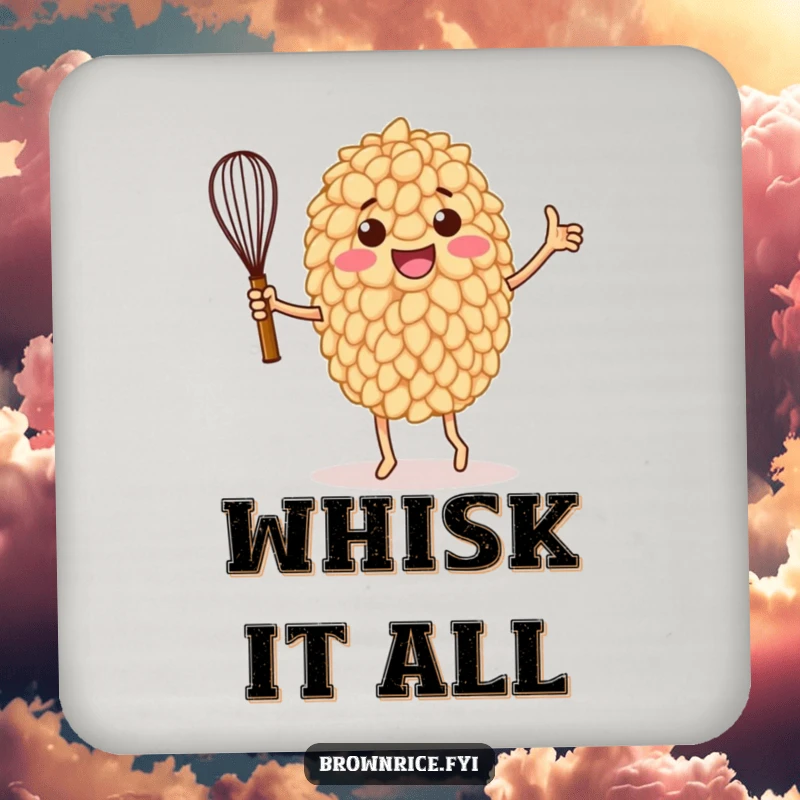 Funny drink coaster featuring a brown rice grain character in a jubilant victory dance pose with a whisk, adding humor to tabletops.