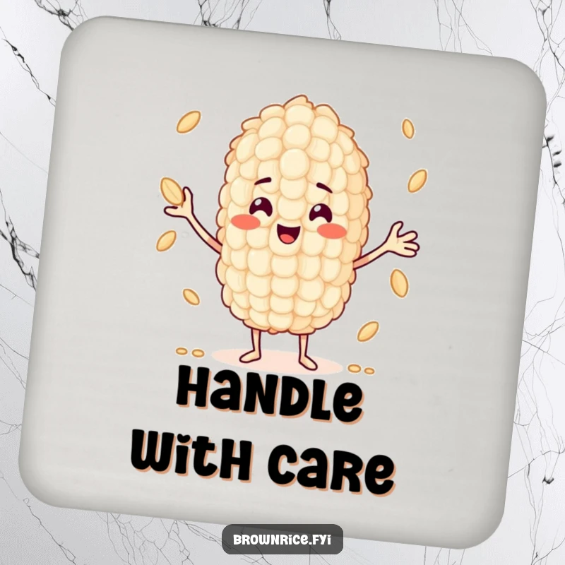 Funny grain of rice character juggling smaller grains, designed for a functional and humorous drink coaster.