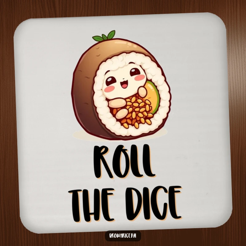 Funny playful brown rice grain character humorously sliding into a sushi roll, serving as a delightful and protective drink coaster.