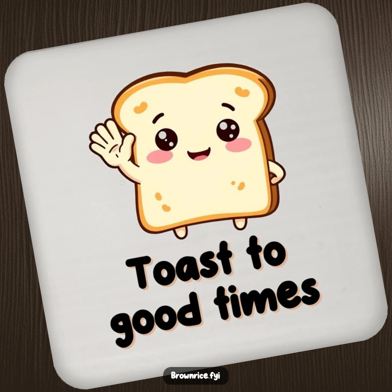 Funny drink coaster showcasing a cute piece of toast character waving hello, perfect for adding a welcoming and humorous touch to tabletops.