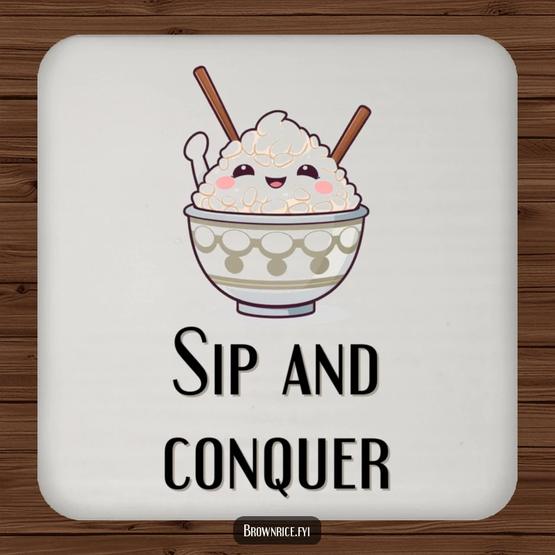 Cute and funny rice bowl character in a victorious pose with chopsticks raised, designed for a humorous coaster.