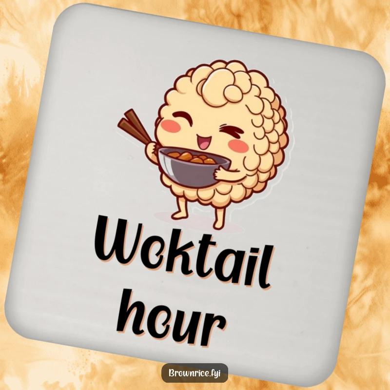 Funny drink coaster featuring a brown rice grain character winking playfully while holding a mini wok, for amused hosts.