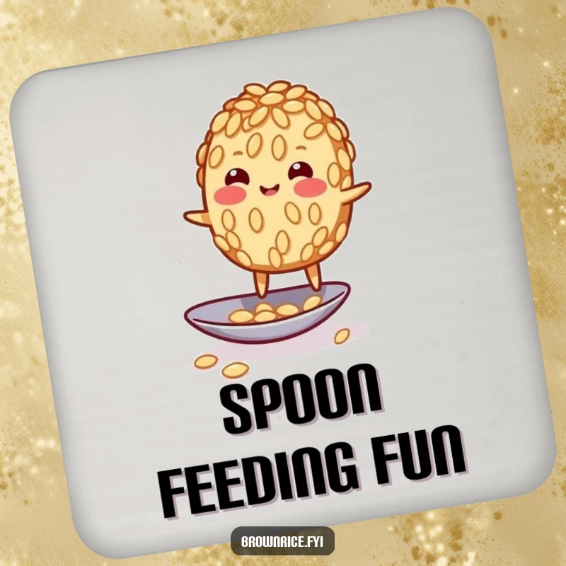 Funny wobbly brown rice grain character humorously balancing on a spoon, serving as a delightful and protective drink coaster.