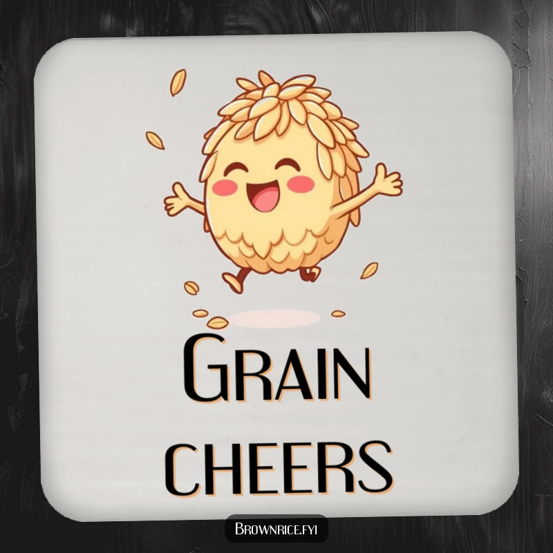 Anthropomorphic brown rice character joyfully bouncing a grain, designed on a protective drink coaster.