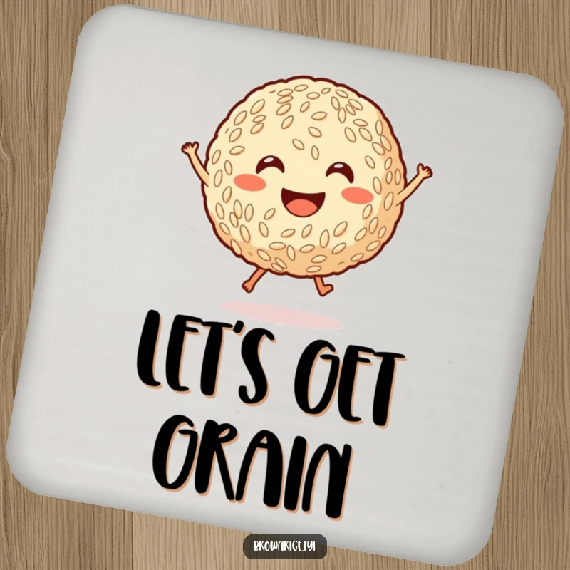Funny smiling brown rice ball with tiny legs jumping joyfully, a protective drink coaster with a cute cartoon illustration for table protection.