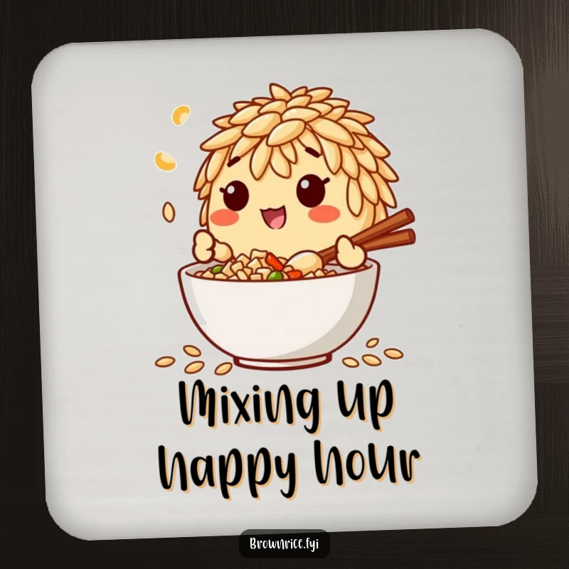 Funny drink coaster featuring a brown rice grain character happily mixing ingredients in a bowl, adding kitchen charm.