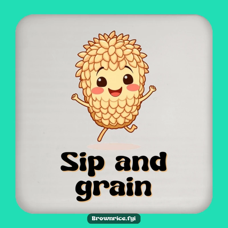 Funny Brown Rice Hop Drink Coaster: Protect Surfaces with a Smiling Grain!