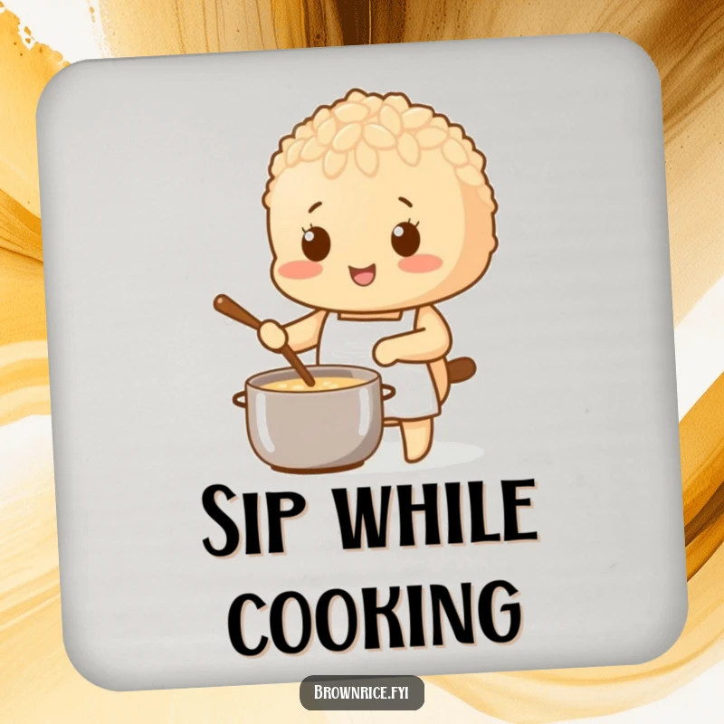 Brown rice character wearing a tiny apron, stirring a pot, designed on a protective drink coaster.