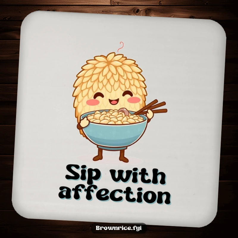 Funny drink coaster featuring a brown rice grain character offering a steaming bowl with a gesture of profound care and gentle hospitality.