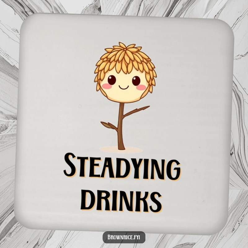 Funny smiling brown rice grain balancing on a twig, printed on a protective drink coaster.