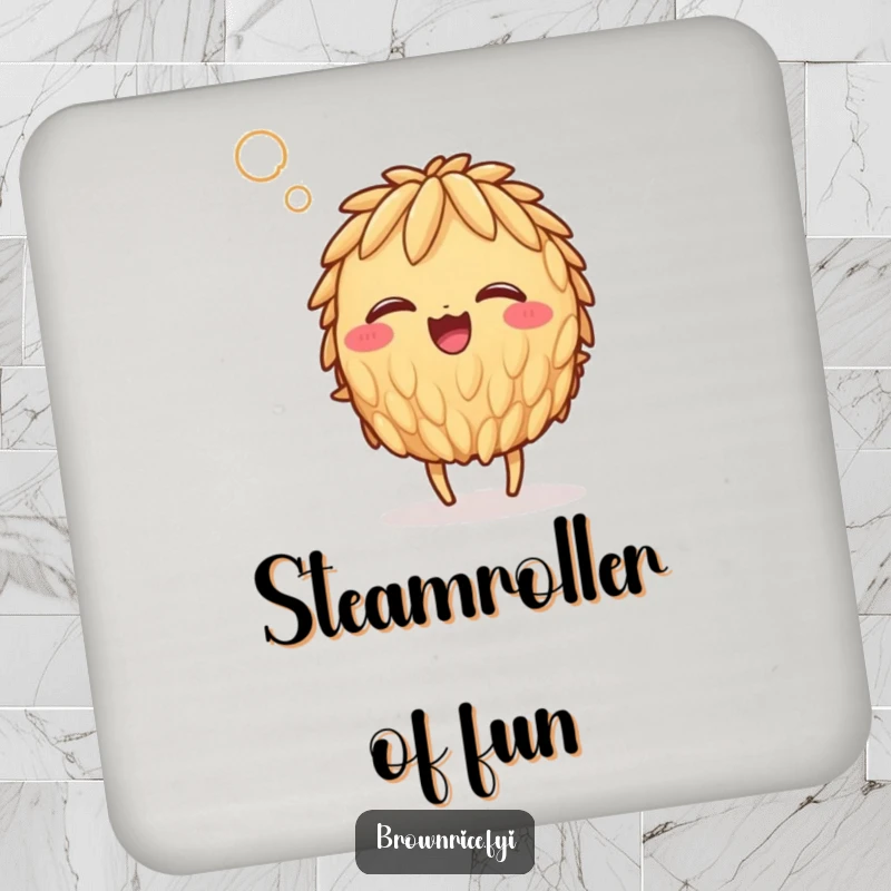 Funny giggling brown rice grain character humorously in a steamy gust, serving as a delightful and protective drink coaster.