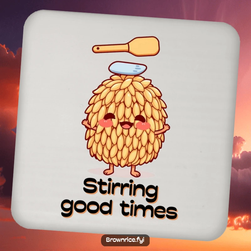 Funny brown rice grain with a spatula on its head on a drink coaster, symbolizing culinary humor, a delightful funny gift.