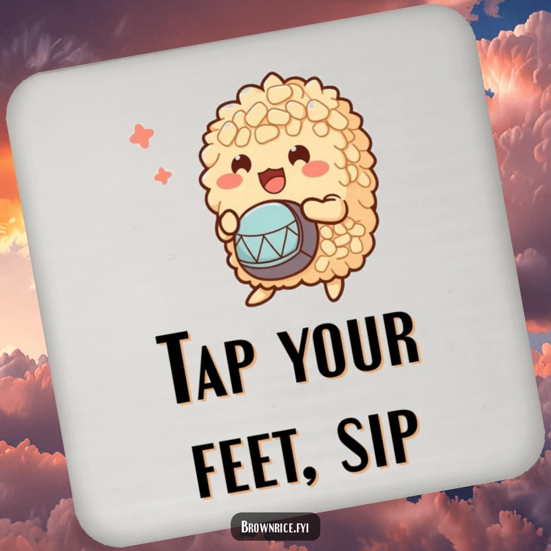 Funny drink coaster with a clump of brown rice characters enthusiastically playing tiny drums, a humorous and rhythmic addition to any table.